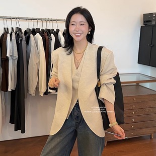 widelia陈姬儿秋冬韩系亚麻西服无领西装女通勤宽松长袖外套9023