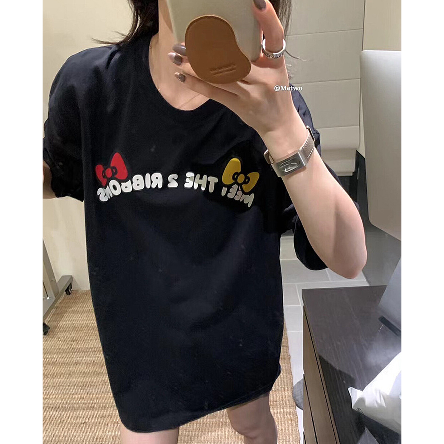 hers 一勺甜 夏季卡通Kitty猫印花T恤百搭中长宽松短袖上衣21096