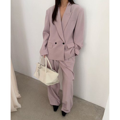 WAITMORE 2026春季韩系高级感紫色西服直筒裤宽松两件套装女5105