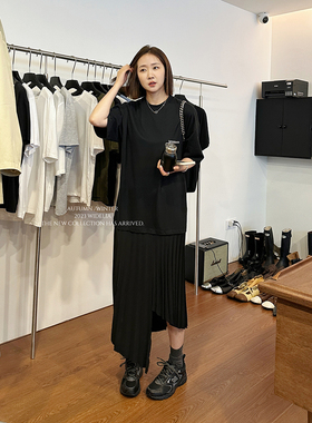 widelia陈姬儿不规则拼接假两件T恤长裙百褶裙黑色短袖连衣裙9032