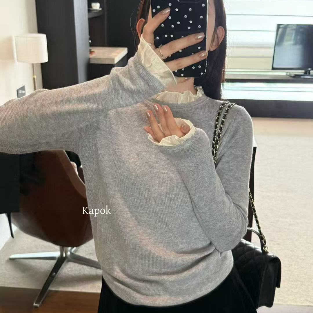 Kapok  冬季新款设计感拼接花边长袖打底衫女精致洋气上衣25f197