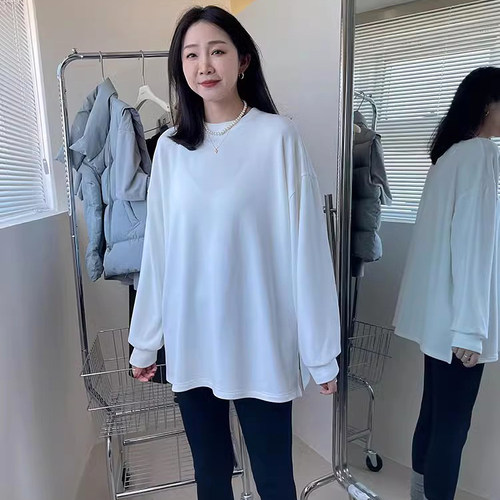 widelia陈姬儿宽松磨毛果冻T恤内搭打底衫白色中长款长袖上衣9970