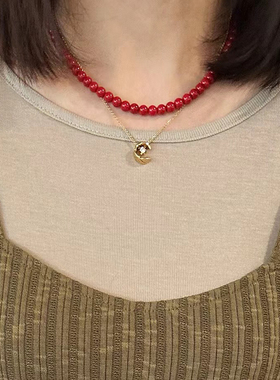 陈姬儿新款红色马瑙项链女简约百搭轻奢圆珠锁骨链毛衣链X10