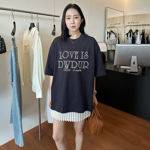 widelia陈姬儿夏季中长大版复古字母印花T恤女宽松短袖上衣8213