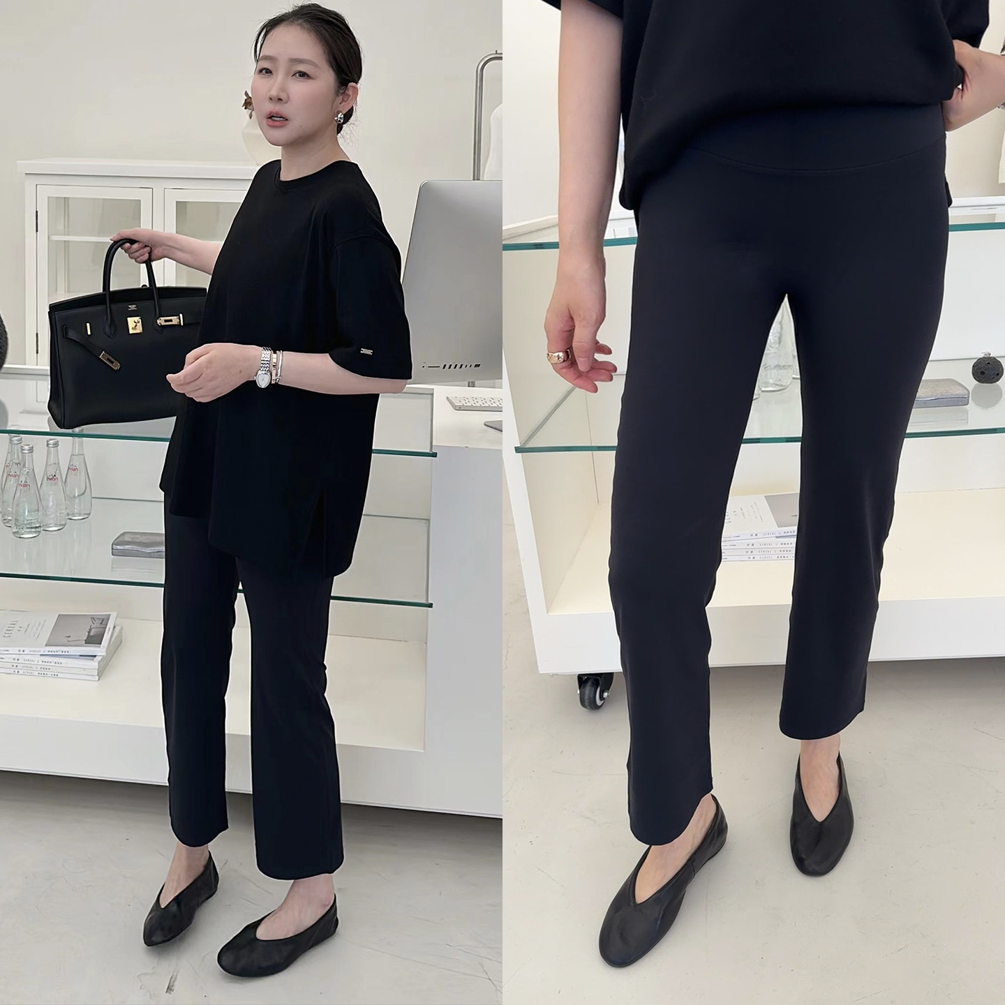 widelia陈姬儿春季韩系黑色弹力微喇八分裤修身显瘦瑜伽裤7059