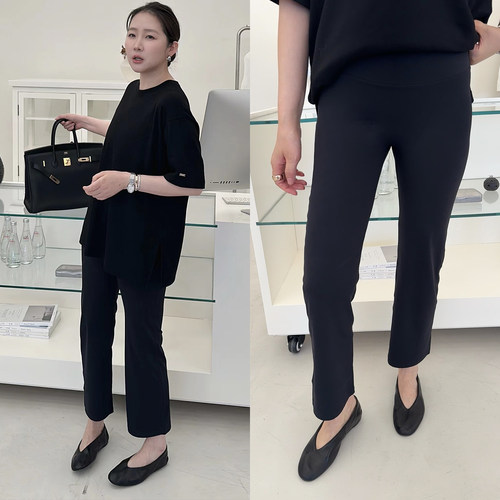 widelia陈姬儿春季韩系黑色弹力微喇八分裤修身显瘦瑜伽裤7059