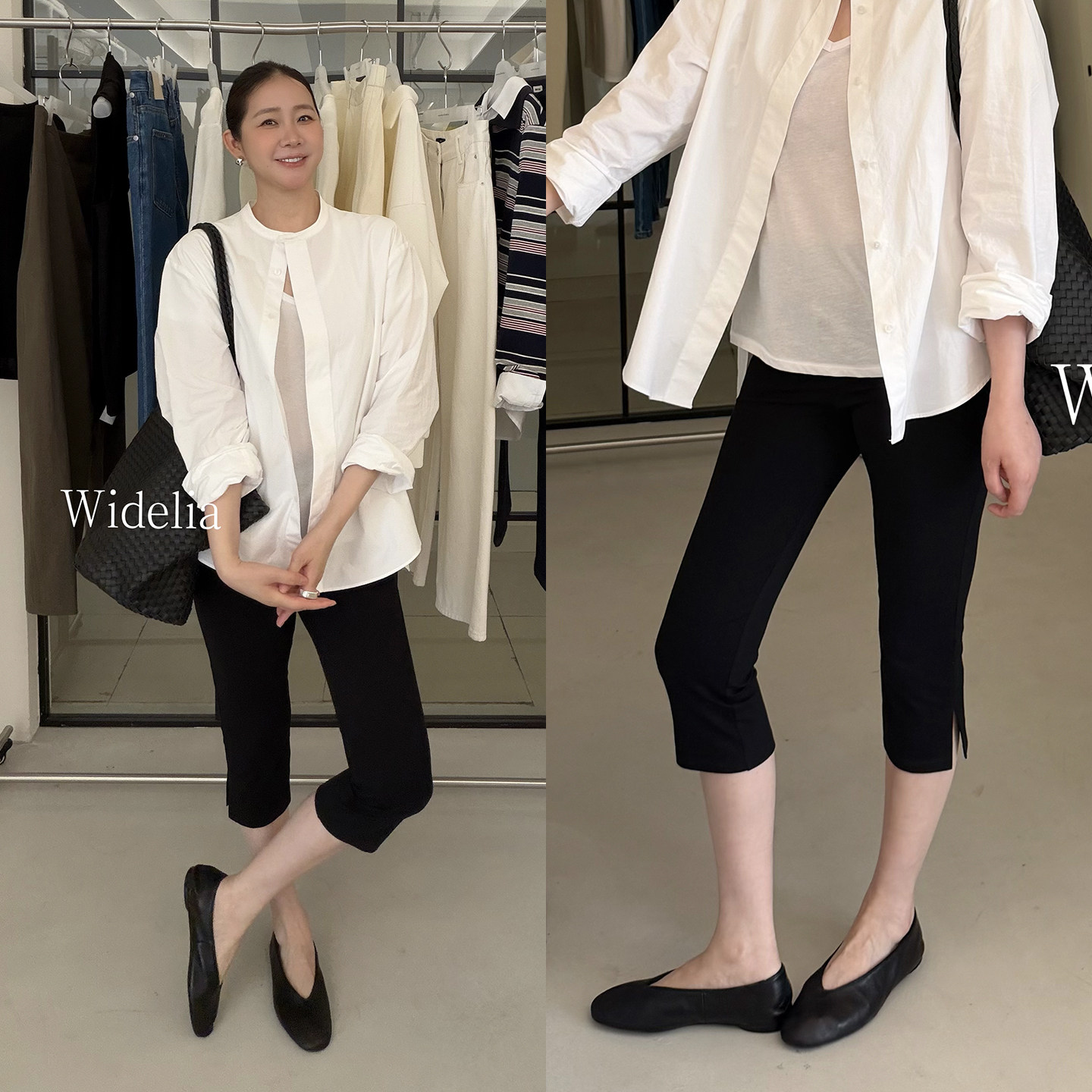 widelia陈姬儿春夏黑色卡普里裤百搭紧身显瘦开叉五分裤中裤7083