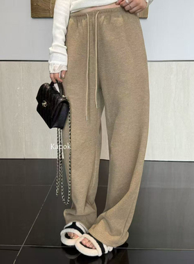 Kapok  冬季卡其色加绒休闲裤女松紧腰抽绳直筒裤百搭长裤35039