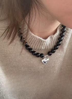 韩国小众设计黑色串珠金属项链