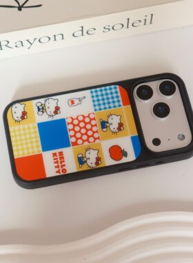 小众插画格子KT猫磨砂玻璃磁吸手机壳苹果iPhone17promax手机壳16pro黑框软边15手机壳14pro全包16可爱ins
