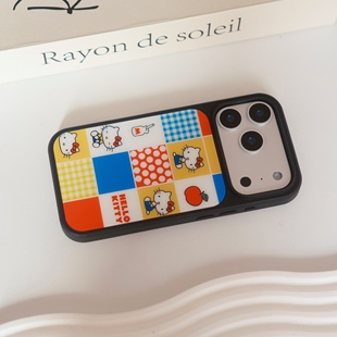 小众插画格子KT猫磨砂玻璃磁吸手机壳苹果iPhone17promax手机壳16pro黑框软边15手机壳14pro全包16可爱ins