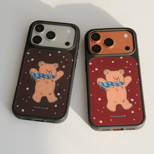 韩国theninemall复古圣诞波点小熊磨砂玻璃磁吸手机壳苹果iPhone17promax手机壳16pro黑框软边15手机壳14pro