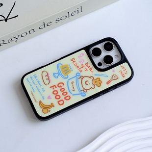 小众ins厨师小熊黑框磨砂玻璃磁吸手机壳适用苹果iPhone17promax手机壳16pro玻璃手机壳14pro全包13