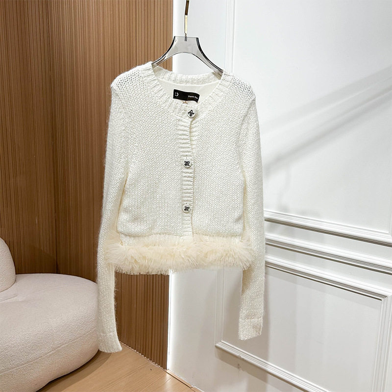 高级感百搭短款上衣2025秋冬小香风毛衣开衫网纱拼接外套XRJ6M03D