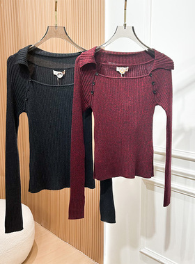 2025年秋冬新款暗红色套头羊毛百搭时尚一字肩针织上衣女XRJ7M06B
