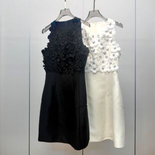 轻奢立体钉钻花朵无袖连衣裙女夏季挂脖收腰缎面礼服裙XSV3L08B