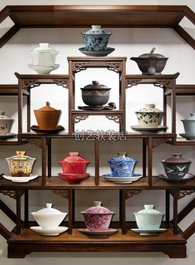 新中式茶室玄关软装茶道摆件古典家居装饰白瓷青瓷青花汝窑盖碗