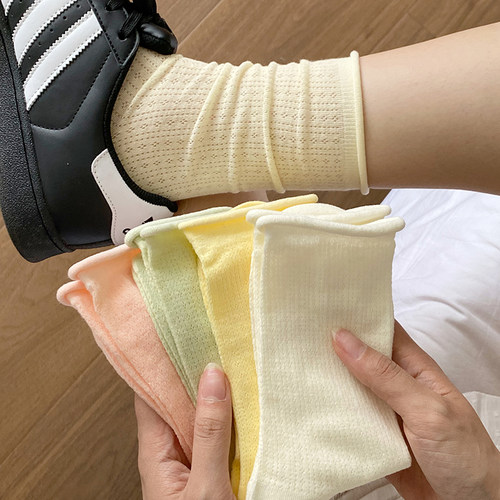 堆堆袜子女纯色夏季纯棉薄款镂空网眼无骨中筒袜ins糖果色卷边袜