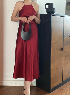 FL/新缎面真丝 桑蚕丝酒红性感一字挂脖法式露背吊带斜裁连衣裙女