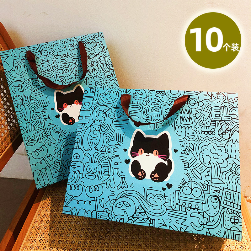 手绘涂鸦猫猫手提袋服装店袋子订做礼品袋包装袋纸袋礼物袋手提袋