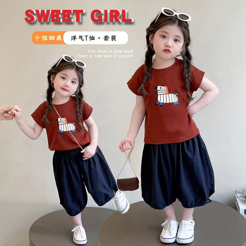 女童夏套装2026夏季新款儿童巨好看短袖灯笼裤两件套宝宝夏装衣服图片