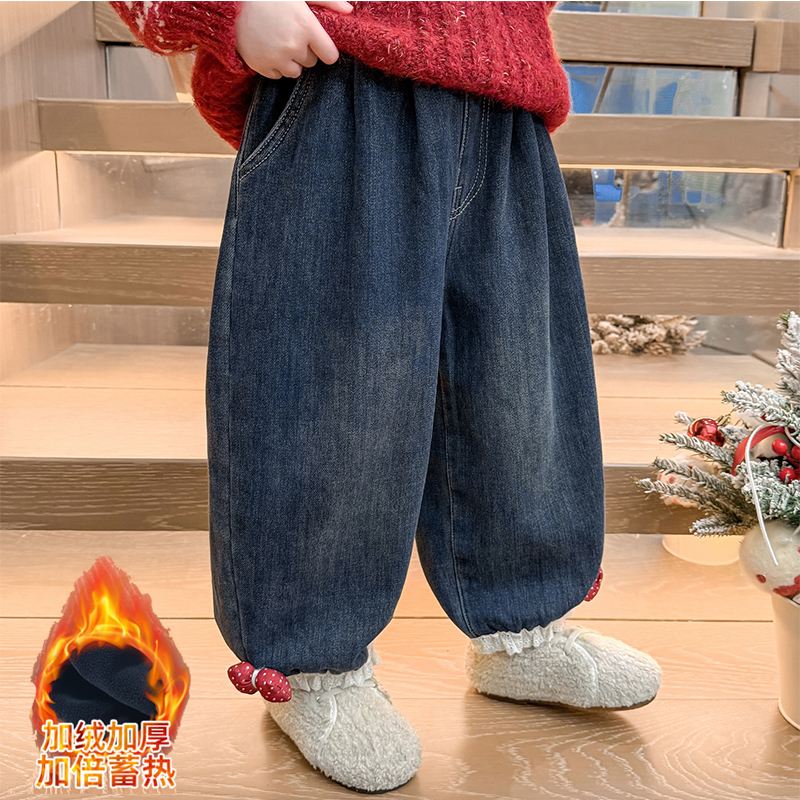 女童加绒裤子冬装2025新款儿童超好看一体绒牛仔裤宝宝冬季休闲裤