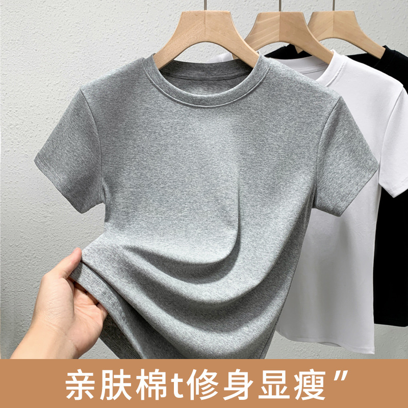 灰色纯棉短袖t恤女士2025新款夏正肩修身显瘦体恤圆领高级感上衣