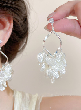 【7柒seven】法式贝壳花瓣流苏耳环轻奢耳钉无耳洞耳夹度假风耳饰