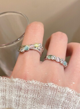 【7柒seven】彩色猫眼戒指女轻奢小众感食指戒时尚叠戴可调节指环