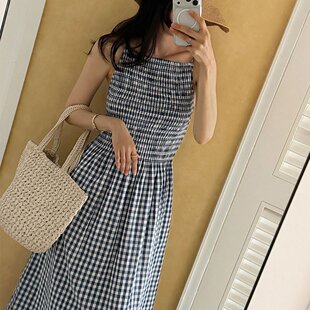 小清新法式格子吊带连衣裙长裙 韩版chic