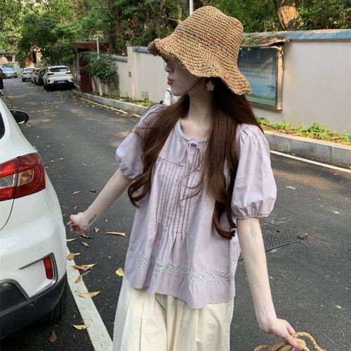 实拍有货~紫色韩系泡泡袖设计感小个子宽松衬衫夏季小众短袖衬衫
