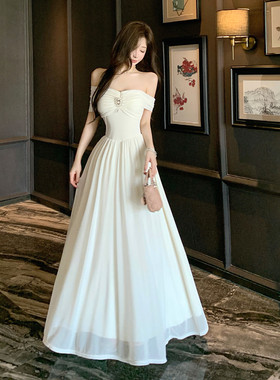 实拍白月光仙女裙生日宴会礼服长裙子纯欲气质网纱抹胸大摆连衣裙