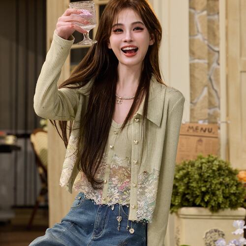 吞吞TUNT春夏春日宴氛围感美女 花卉蕾丝拼接开衫