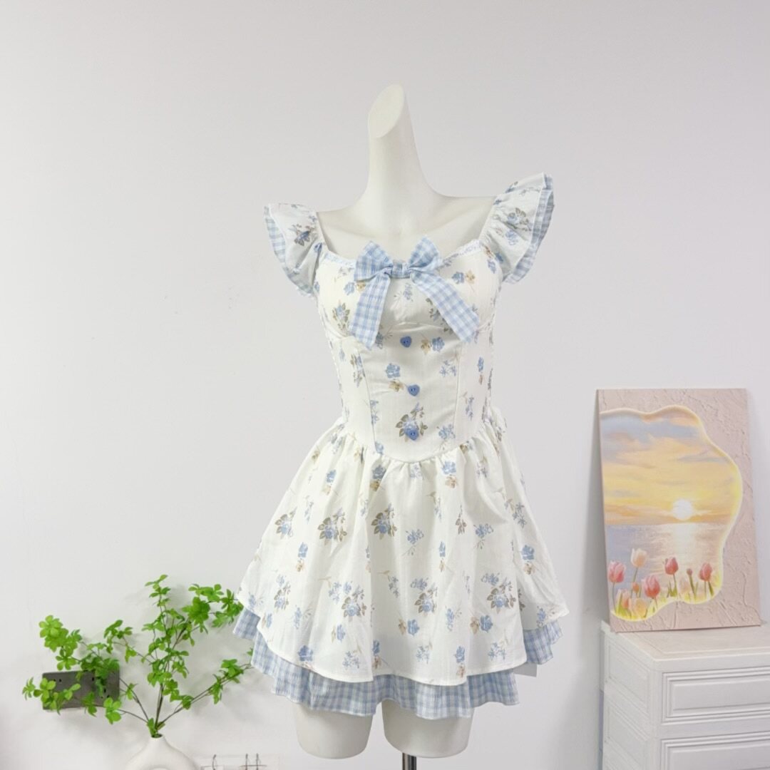 桔梗house 浆果莓莓 甜美风蓝色小清新印花立体蝴蝶结礼服连衣裙图片