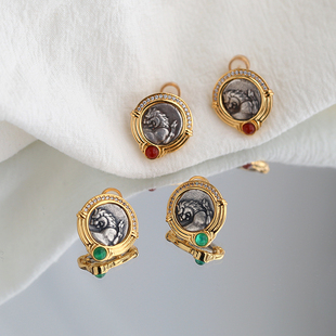 Fun Daisy古罗马狮子仿古币耳钉女复古红绿玛瑙925足银钱币耳环