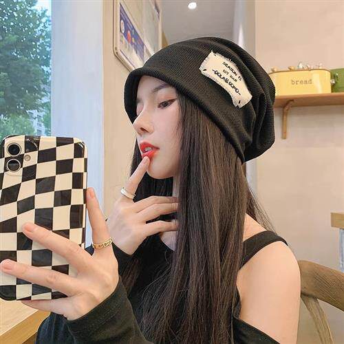 春秋季针织帽子女堆堆帽透气黑色百搭毛线大头围包头冷帽男潮