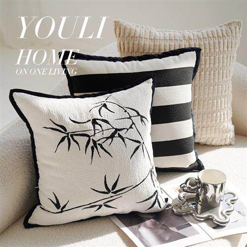 黑色轻奢中古高级感刺绣抱枕套风北欧客厅沙发床上靠枕靠背垫