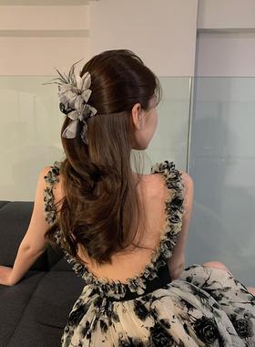 新中式美学双面蝴蝶结羽毛抓夹超仙发夹女后脑勺大号盘发鲨鱼夹子