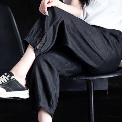 藏青色亚麻裤子女夏季薄款冰丝棉麻女裤高腰九分哈伦裤宽松灯笼裤