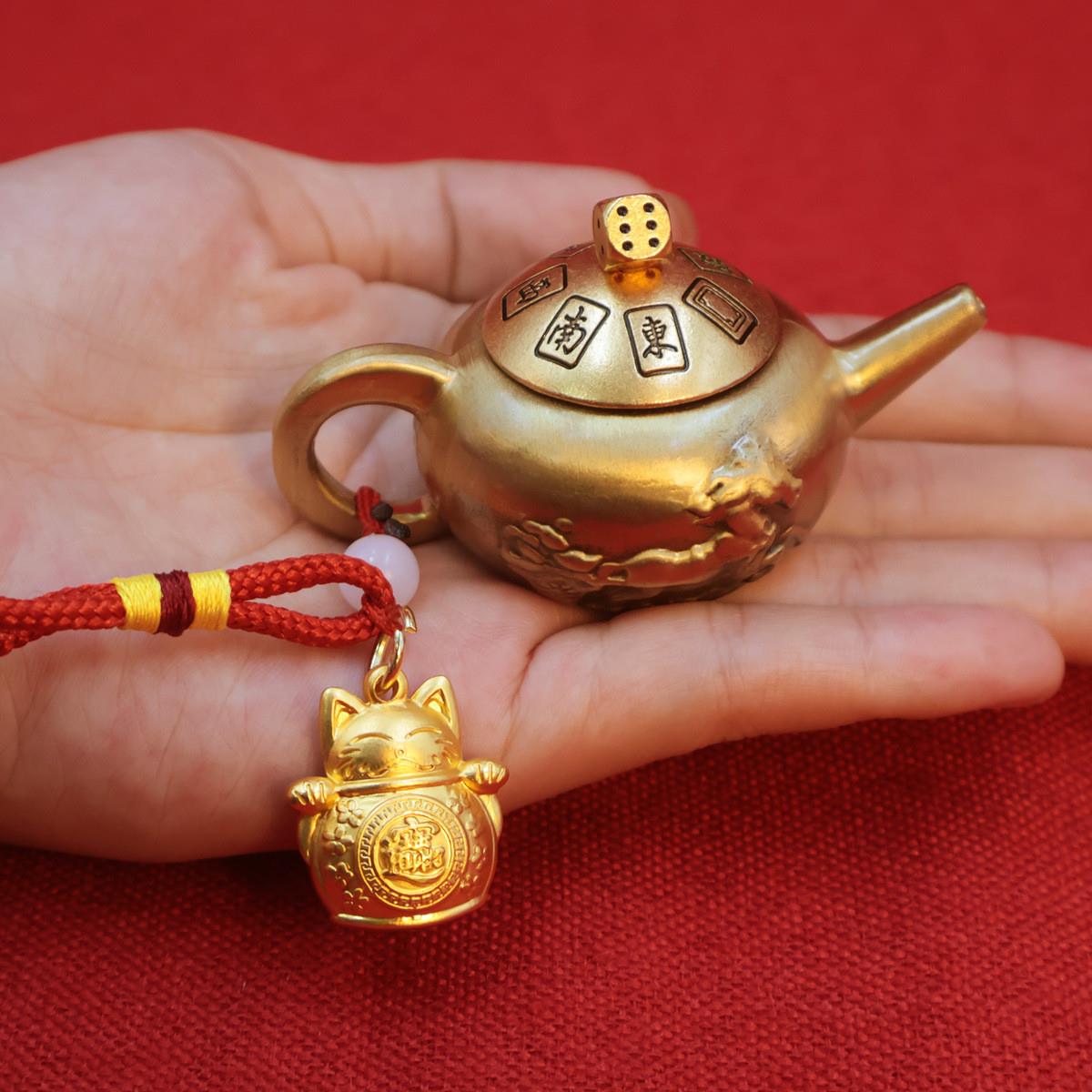黄铜小茶壶手把件手玩把把壶转转打麻将赢钱把把胡打牌转运小摆件