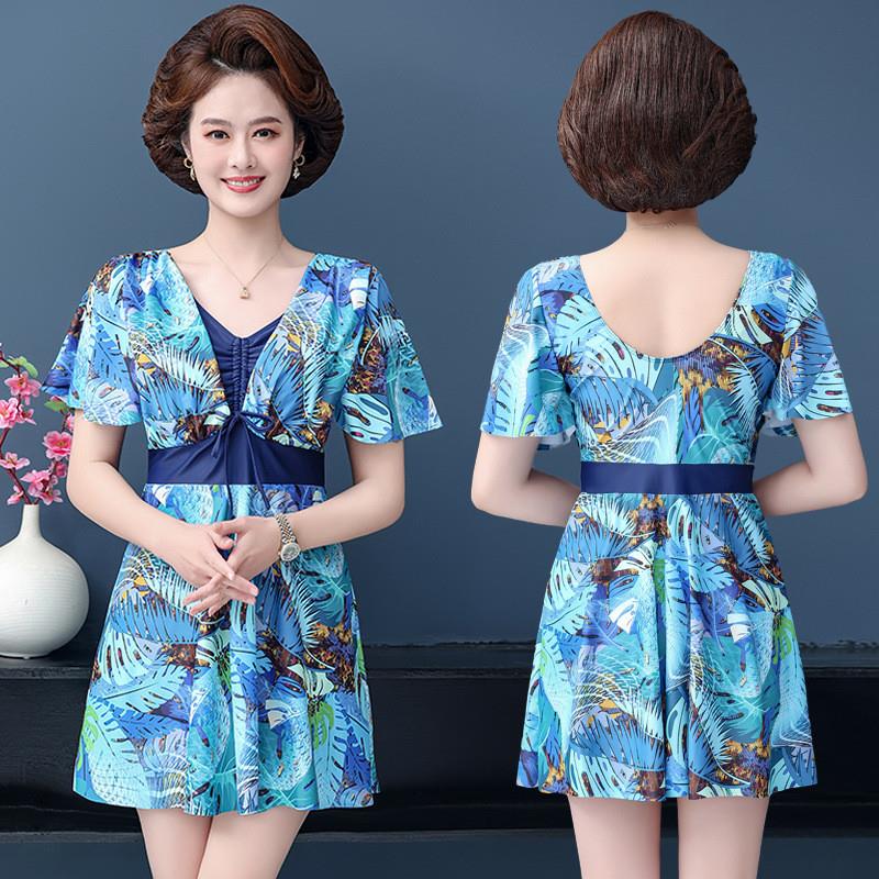 泡温泉加肥大码游泳衣女分体平角裤裙式保守中年妈妈泳装胖