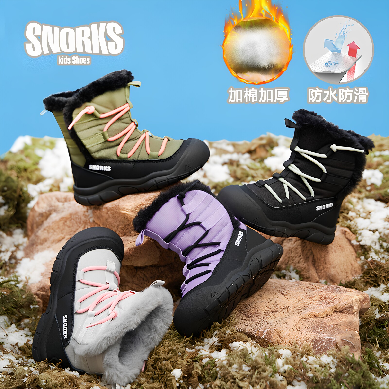 SNORKS儿童雪地靴2026冬季男童加绒运动棉鞋保暖女童户外防水棉靴