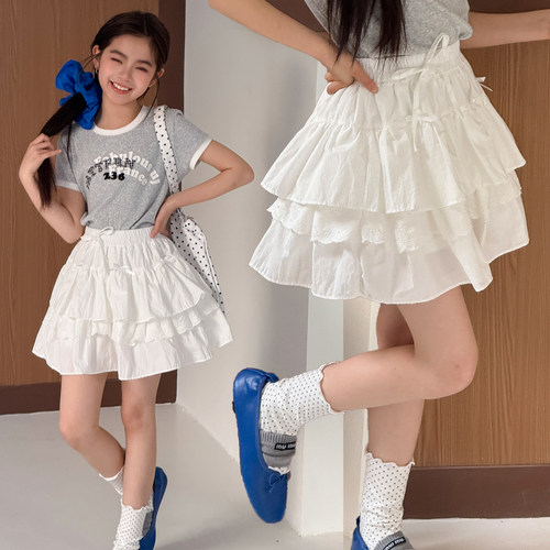 女童白色蕾丝蛋糕蓬蓬半身裙2026新款甜美高腰显瘦A字短裙芭蕾风