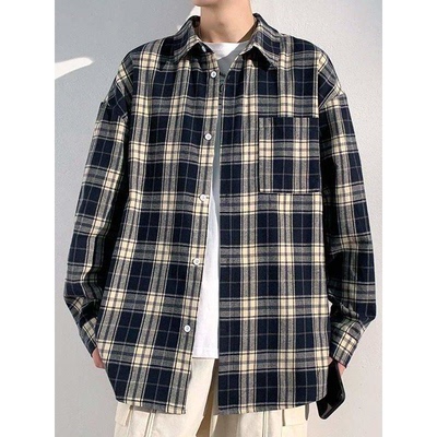 美式复古vintage格子长袖衬衫男