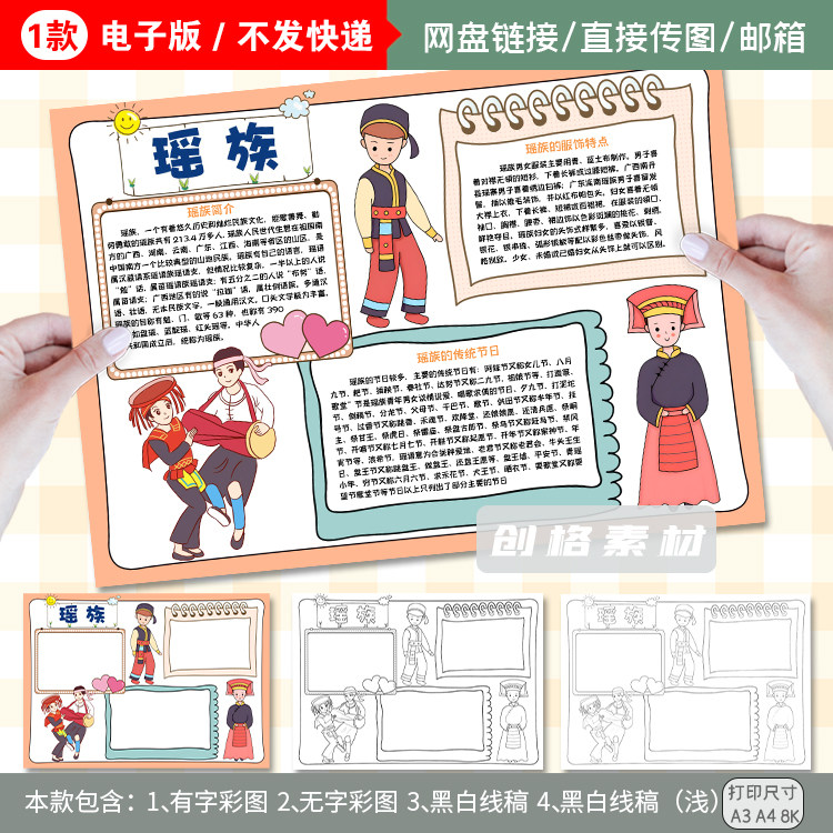 g05瑶族小报中国少数民族瑶族服饰民俗手抄报电子模板涂色线条图