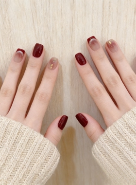 洛曼枝纯手工穿戴甲新年款红色猫眼渐变晕染美甲贴片拆卸指甲显白