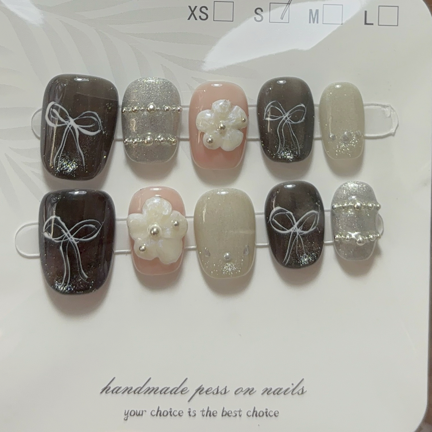 洛曼枝原创【巧克力豆】手绘立体雕花猫眼蝴蝶结纯手工穿戴甲美甲