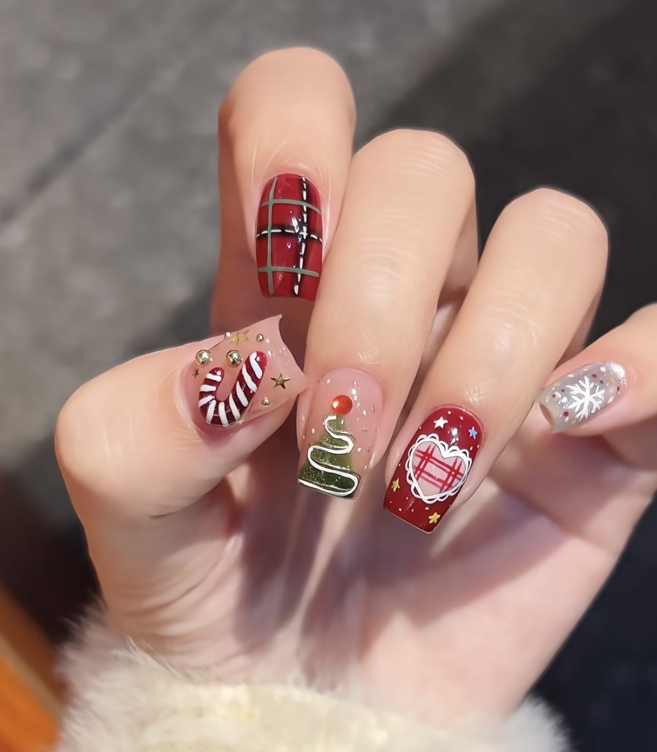 洛曼枝圣诞新款穿戴甲红色苹果树手工定制美甲贴可拆卸可重复甲片