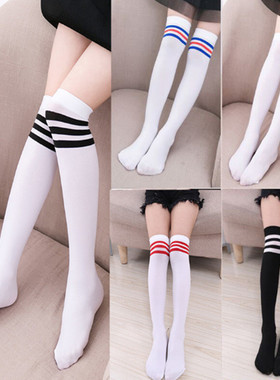 六一薄款天鹅绒儿童长筒袜过膝复古三杠条纹女童中筒袜白色舞蹈袜