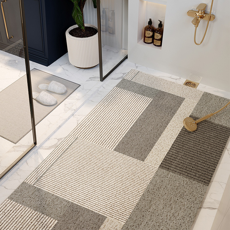 侘寂风条纹浴室丝圈地垫防滑镂空洗澡间脚垫大尺寸可裁剪垫子